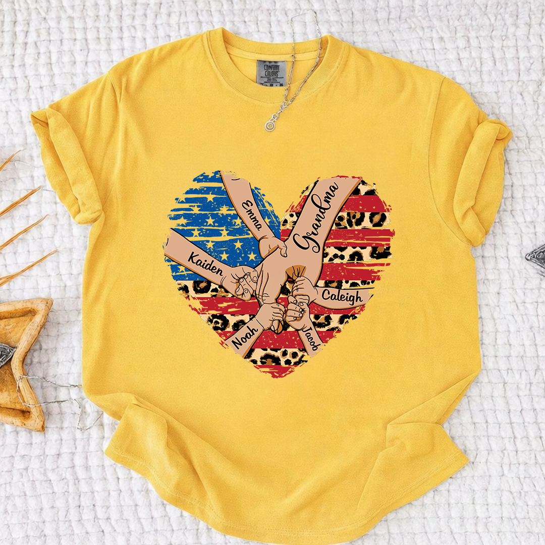 Comfort Color Personalized Grandma Shirt Patriotic Heart American Flag Leopard Design Custom Nana Mimi Gigi Name Tee with Grandkids Names Family 4th of July Outfit