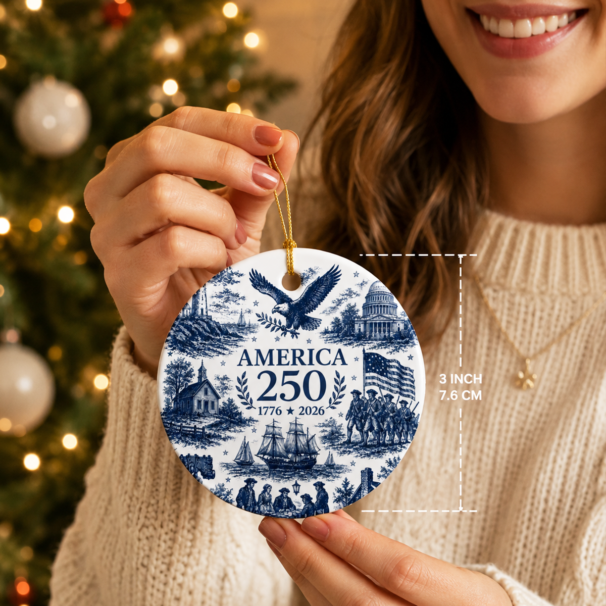 America 250 Christmas Ornament 1776-2026, Patriotic Ceramic Ornament, USA 250th Anniversary Gift, Made in USA Keepsake