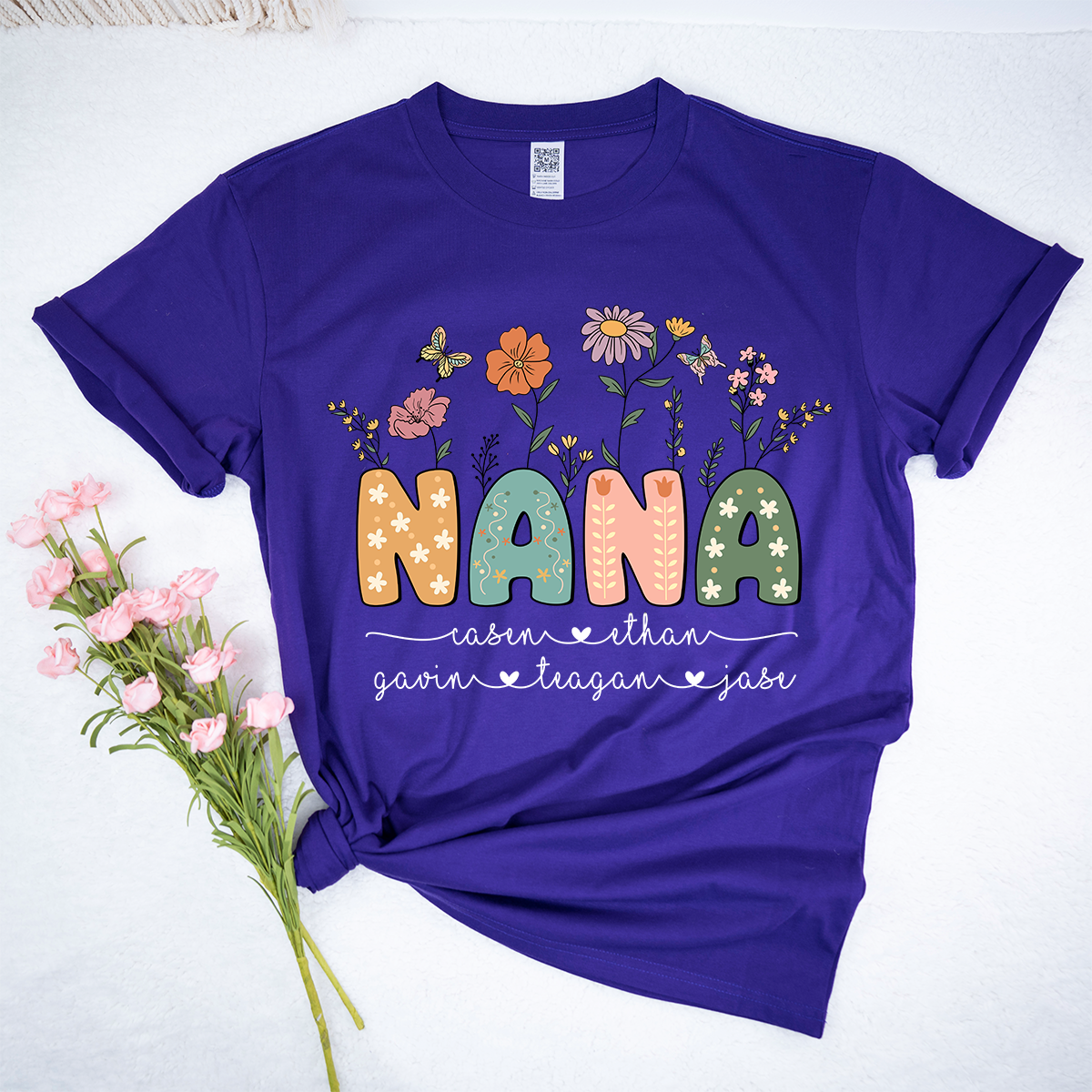 Personalized Floral Nana Shirt, Custom Grandma With Grandkids Mothers Day Gift T-Shirt