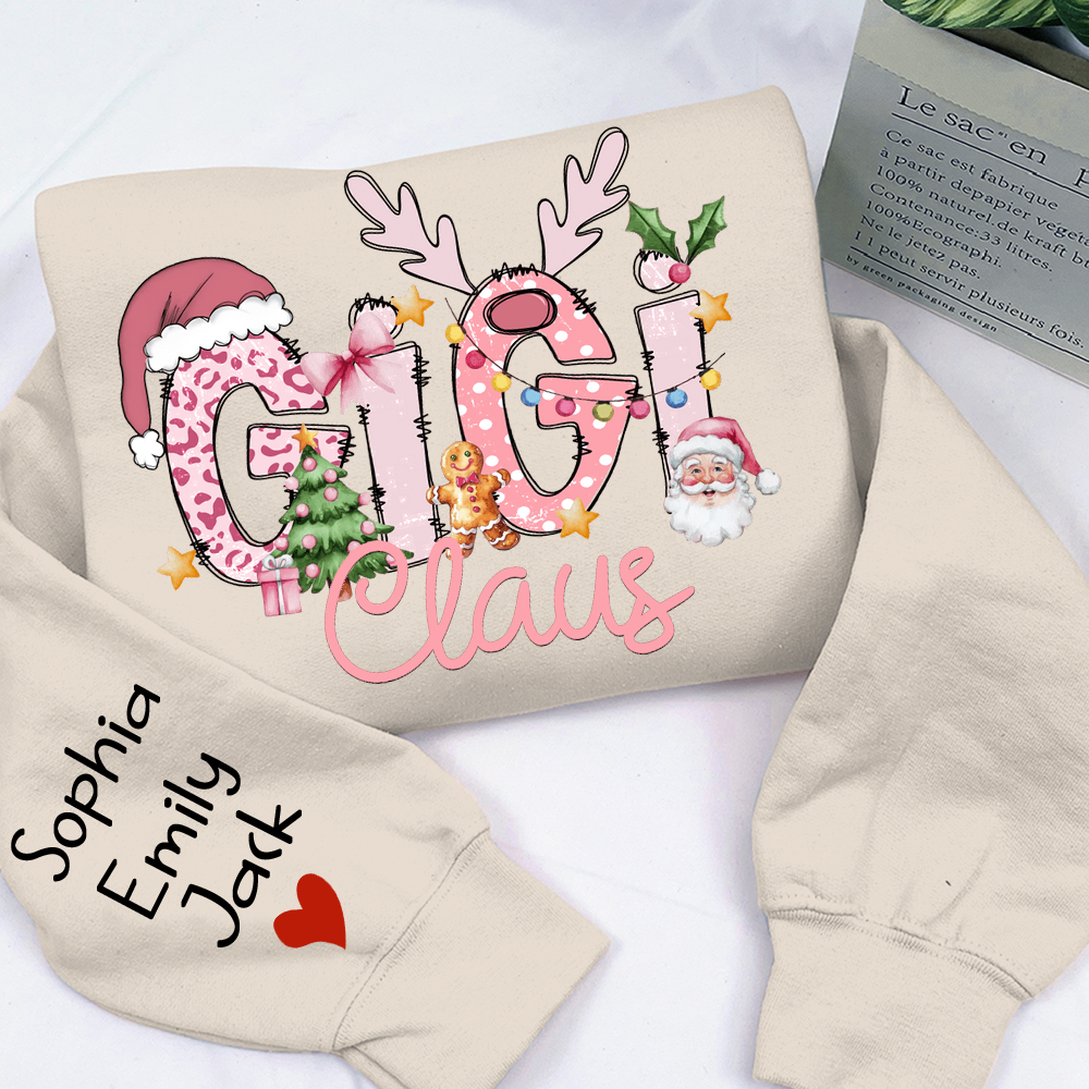 Gigi Claus Christmas Sweatshirt – Personalized Holiday Shirt with Grandkids’ Names