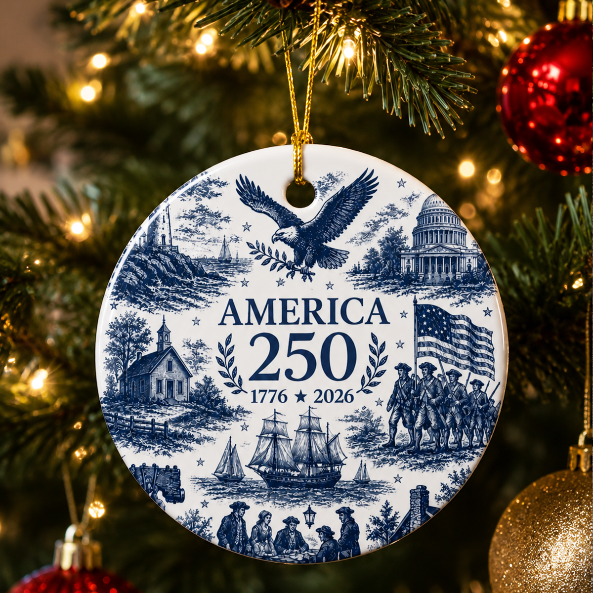 America 250 Christmas Ornament 1776-2026, Patriotic Ceramic Ornament, USA 250th Anniversary Gift, Made in USA Keepsake