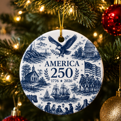 America 250 Christmas Ornament 1776-2026, Patriotic Ceramic Ornament, USA 250th Anniversary Gift, Made in USA Keepsake
