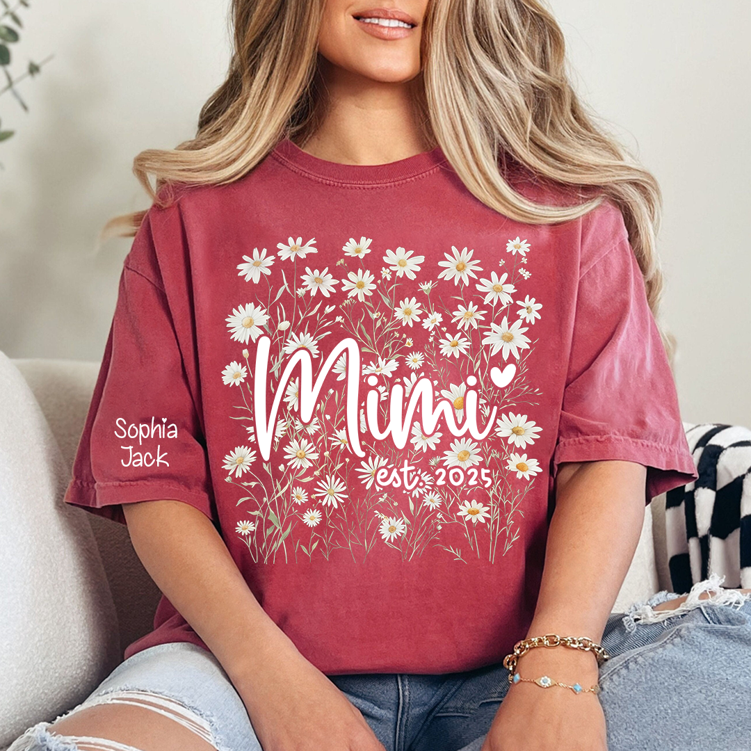 Personalized Mimi Floral Tee, Custom Daisy Design with Name & Year, Comfortable Cotton T-Shirt, Great Gift for Grandmothers, Mother's Day Gift
