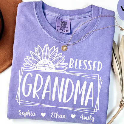 Comfort Colors Blessed Grandma Sunflower Tee with Personalized Names - Gift for Grandma, Mother's Day or Birthday Shirt