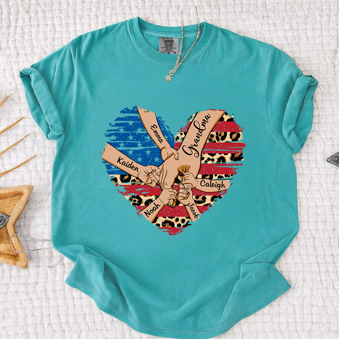 Comfort Color Personalized Grandma Shirt Patriotic Heart American Flag Leopard Design Custom Nana Mimi Gigi Name Tee with Grandkids Names Family 4th of July Outfit