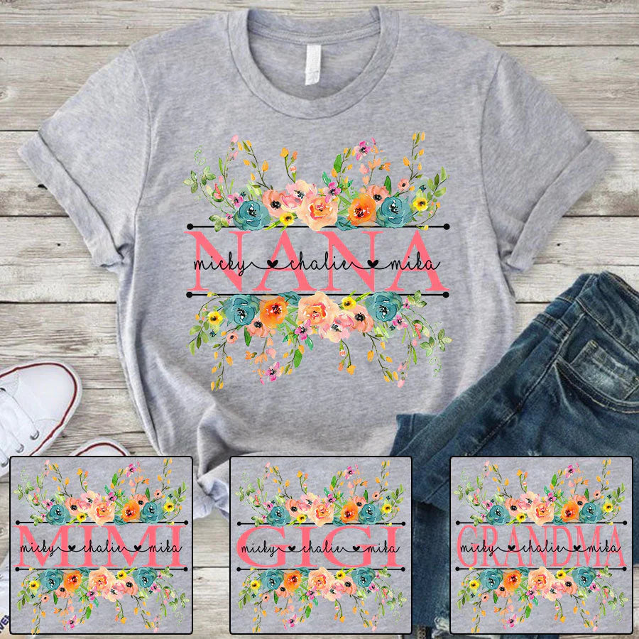 Bright Watercolor Floral Nana And Grandkids Flower CTH01 T-Shirt