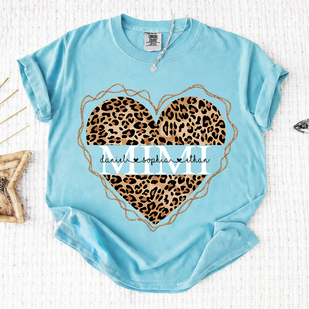 Comfort Colors Personalized Mimi Shirt Leopard Heart Design Custom Grandma Nana Gigi Name Tee with Grandkids Names Trendy Family Outfit for Women