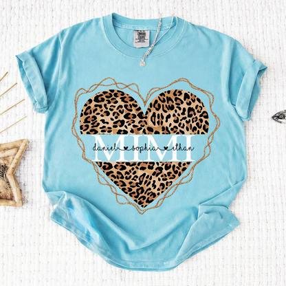 Comfort Colors Personalized Mimi Shirt Leopard Heart Design Custom Grandma Nana Gigi Name Tee with Grandkids Names Trendy Family Outfit for Women