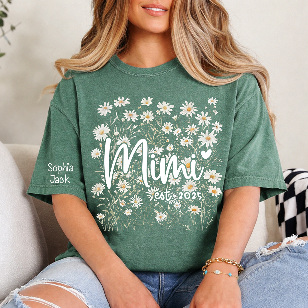 Personalized Mimi Floral Tee, Custom Daisy Design with Name & Year, Comfortable Cotton T-Shirt, Great Gift for Grandmothers, Mother's Day Gift