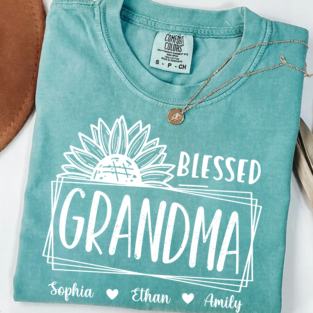 Comfort Colors Blessed Grandma Sunflower Tee with Personalized Names - Gift for Grandma, Mother's Day or Birthday Shirt