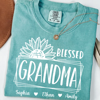 Comfort Colors Blessed Grandma Sunflower Tee with Personalized Names - Gift for Grandma, Mother's Day or Birthday Shirt
