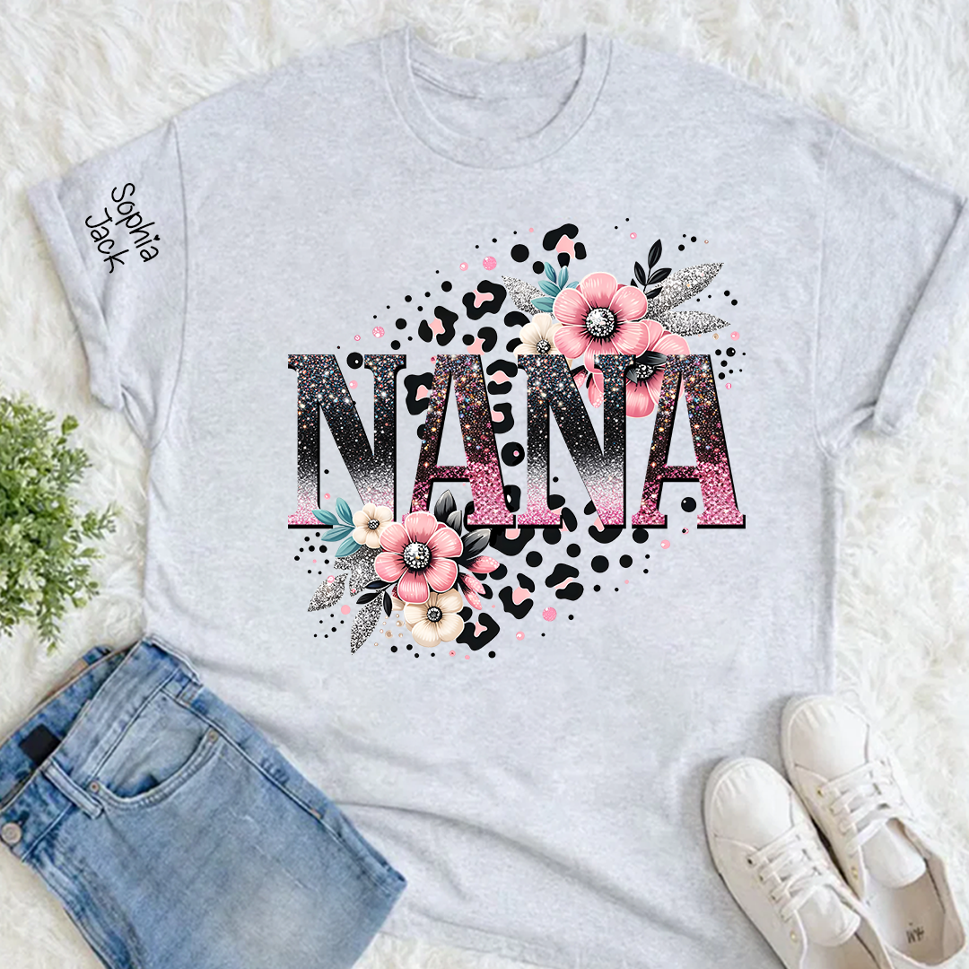 Personalized Floral Leopard Print Shirt for Nana, Mimi, Gigi, Grandma – Custom Name Gift