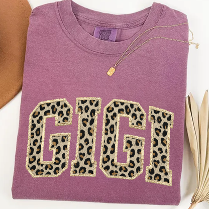 Personalized Gigi Shirt Leopard Print Patchwork Letter Design Custom Grandma Nana Mimi Name Tee Trendy Animal Pattern Family Outfit Gift for Women