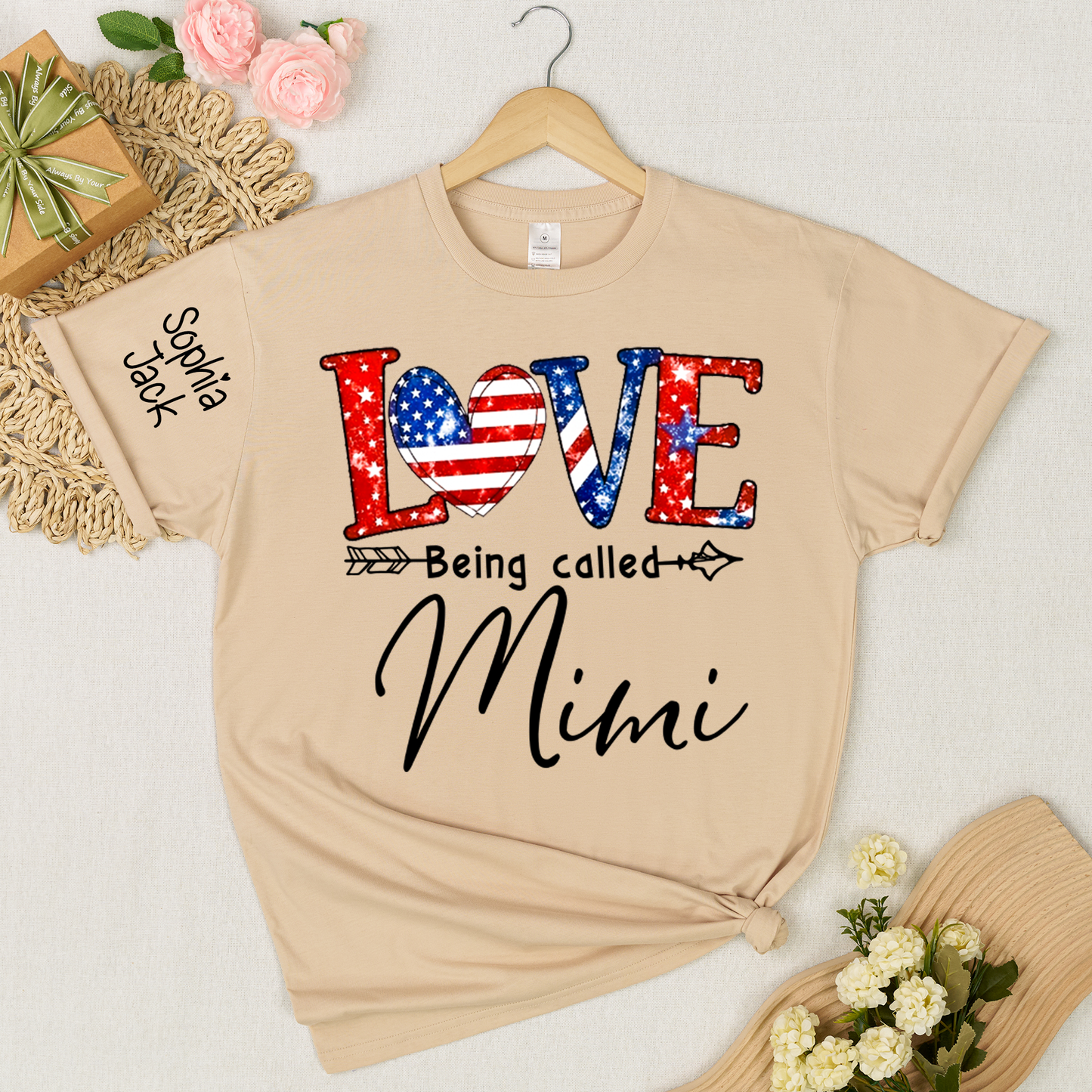 Personalized LOVE Shirt - Custom Nickname with American Flag Heart for Nana, Mimi, Grandma, Gigi - Casual Family Tee
