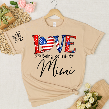 Personalized LOVE Shirt - Custom Nickname with American Flag Heart for Nana, Mimi, Grandma, Gigi - Casual Family Tee