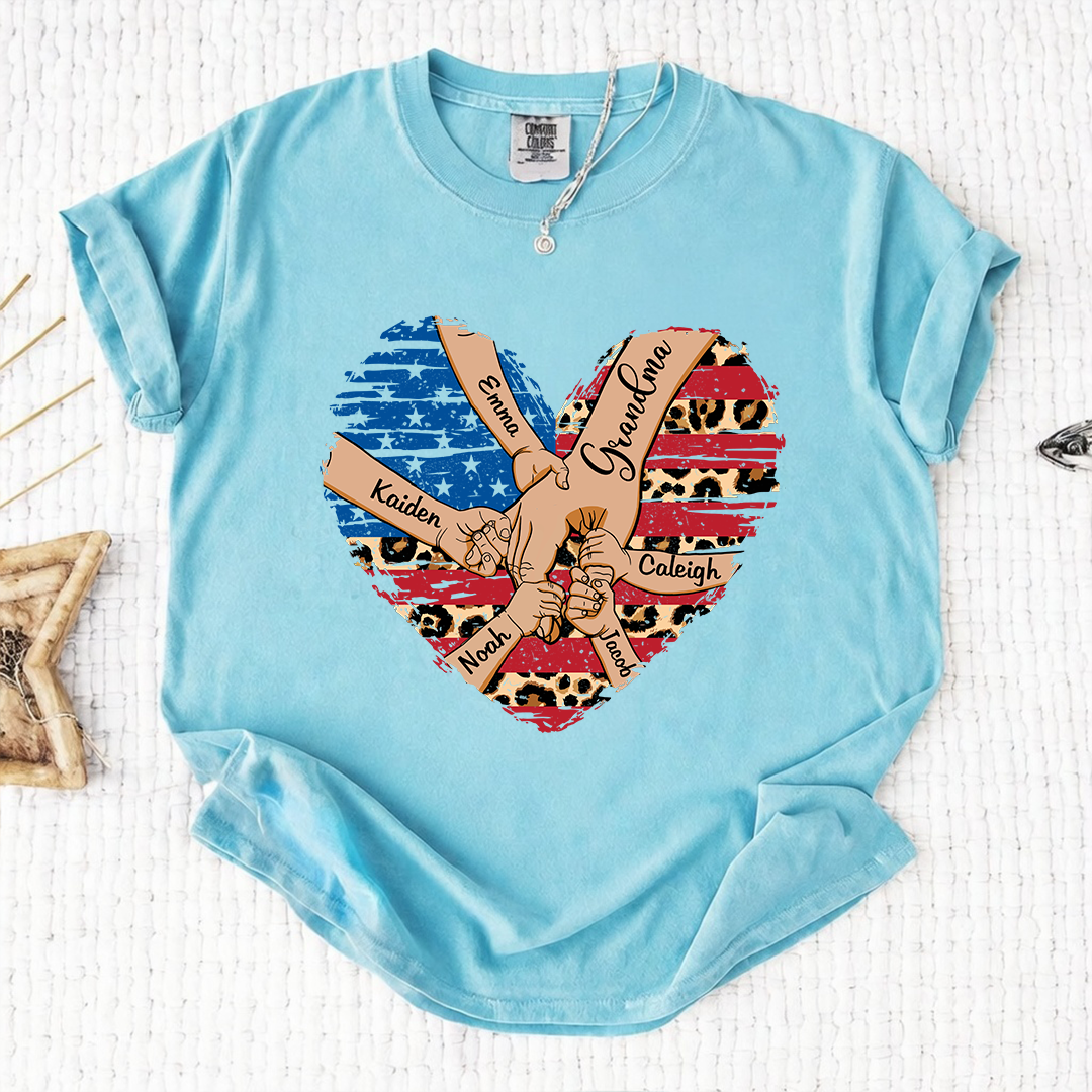 Comfort Color Personalized Grandma Shirt Patriotic Heart American Flag Leopard Design Custom Nana Mimi Gigi Name Tee with Grandkids Names Family 4th of July Outfit