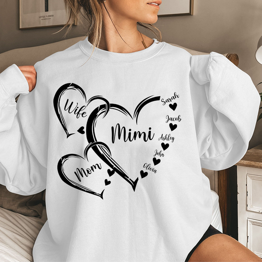 Personalized Wife Mom Mimi Heart Sweatshirt, Grandma Shirt, Grandma Heart with kidnames, Custom Grandma with kidnames
