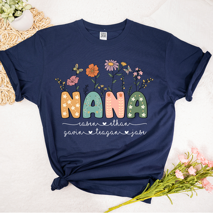 Personalized Floral Nana Shirt, Custom Grandma With Grandkids Mothers Day Gift T-Shirt
