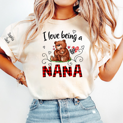 Personalized I Love Being a Nana T-shirt with Custom Names, Cute Bear Graphic, Customizable Gift for Nana