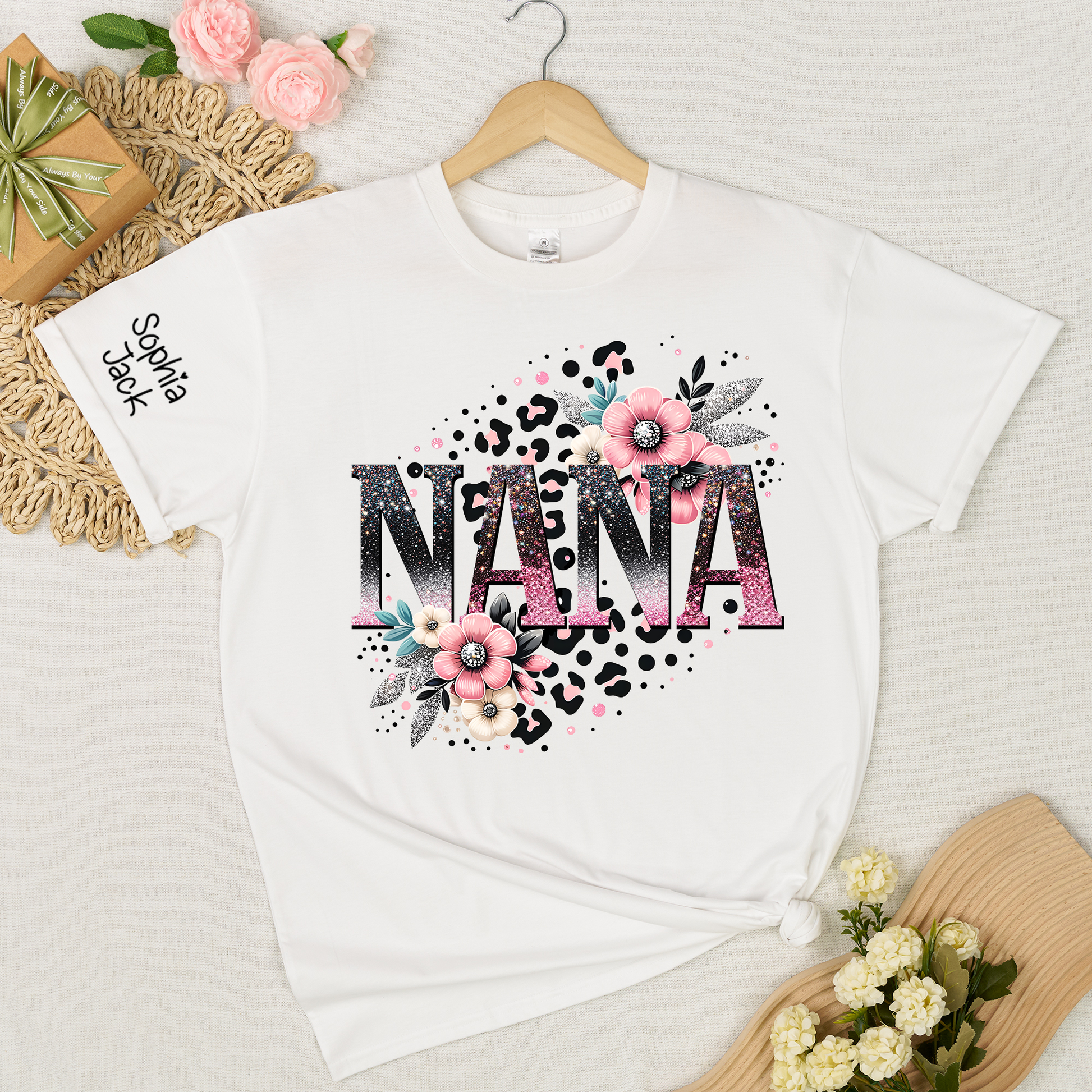 Personalized Floral Leopard Print Shirt for Nana, Mimi, Gigi, Grandma – Custom Name Gift