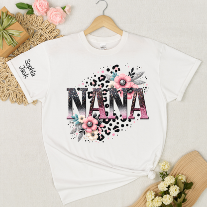 Personalized Floral Leopard Print Shirt for Nana, Mimi, Gigi, Grandma – Custom Name Gift