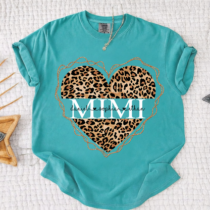 Comfort Colors Personalized Mimi Shirt Leopard Heart Design Custom Grandma Nana Gigi Name Tee with Grandkids Names Trendy Family Outfit for Women