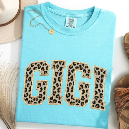 Personalized Gigi Shirt Leopard Print Patchwork Letter Design Custom Grandma Nana Mimi Name Tee Trendy Animal Pattern Family Outfit Gift for Women