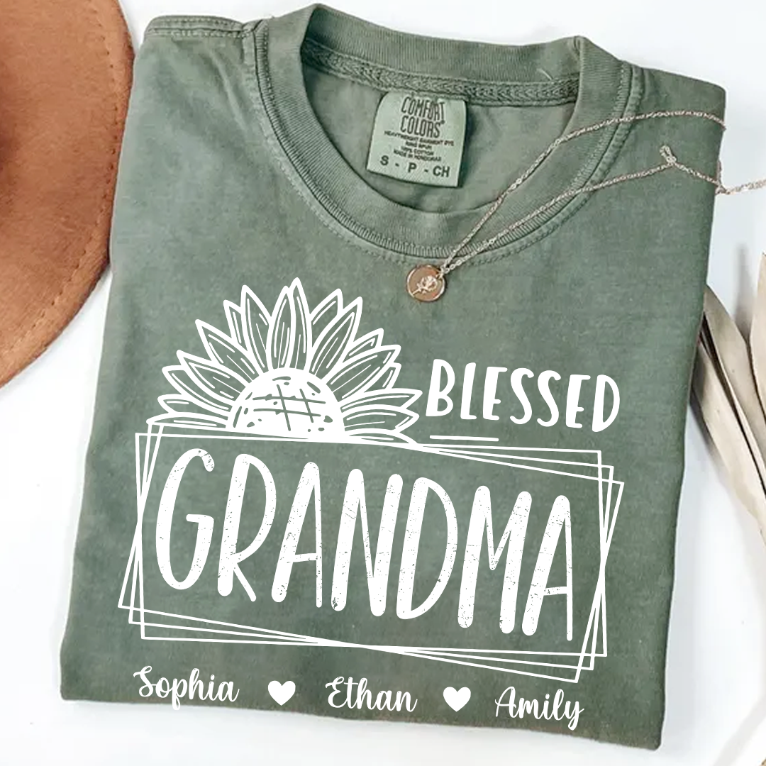Comfort Colors Blessed Grandma Sunflower Tee with Personalized Names - Gift for Grandma, Mother's Day or Birthday Shirt