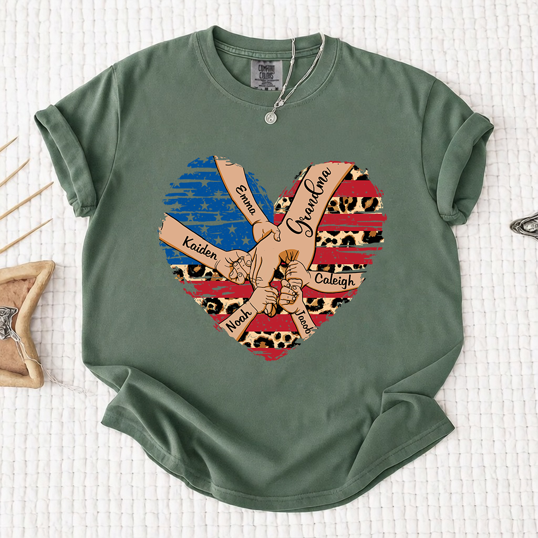 Comfort Color Personalized Grandma Shirt Patriotic Heart American Flag Leopard Design Custom Nana Mimi Gigi Name Tee with Grandkids Names Family 4th of July Outfit