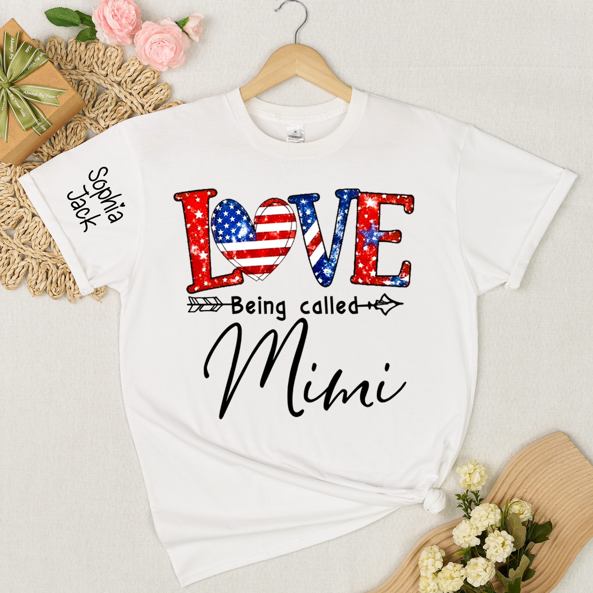 Personalized LOVE Shirt - Custom Nickname with American Flag Heart for Nana, Mimi, Grandma, Gigi - Casual Family Tee