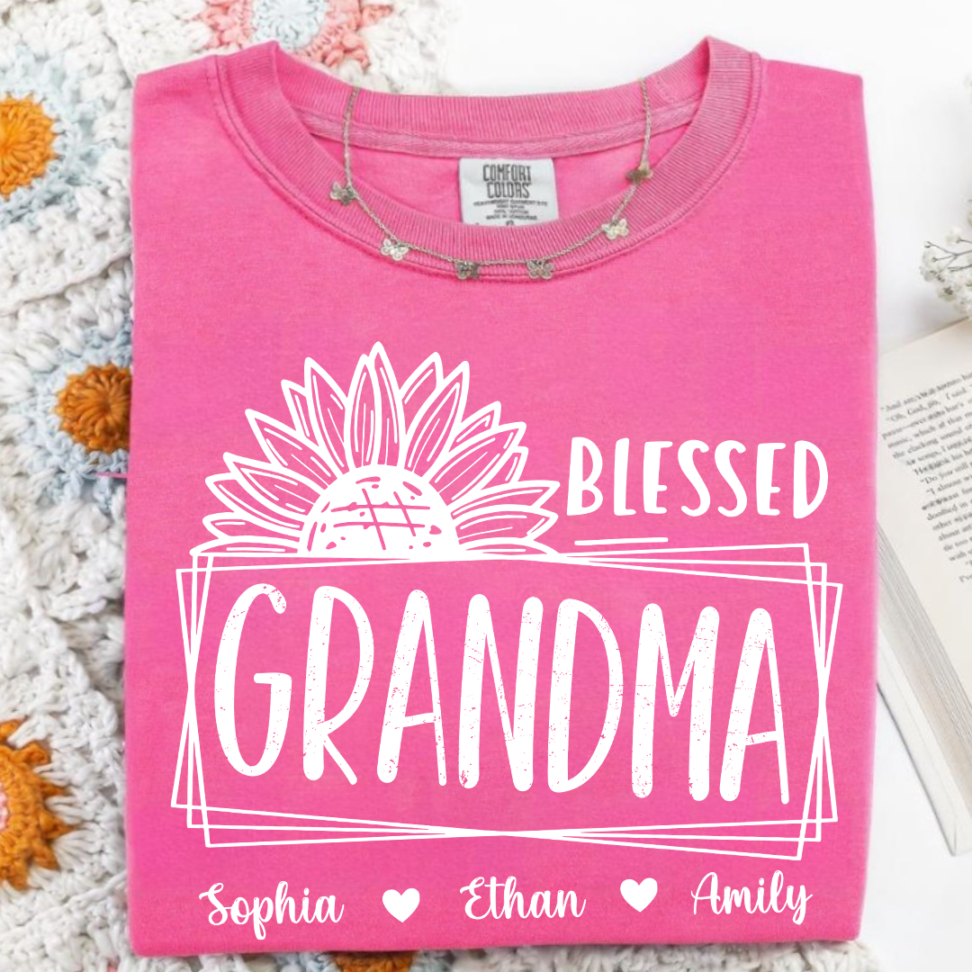 Comfort Colors Blessed Grandma Sunflower Tee with Personalized Names - Gift for Grandma, Mother's Day or Birthday Shirt