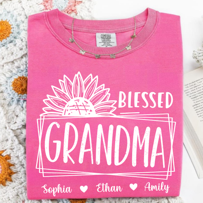 Comfort Colors Blessed Grandma Sunflower Tee with Personalized Names - Gift for Grandma, Mother's Day or Birthday Shirt