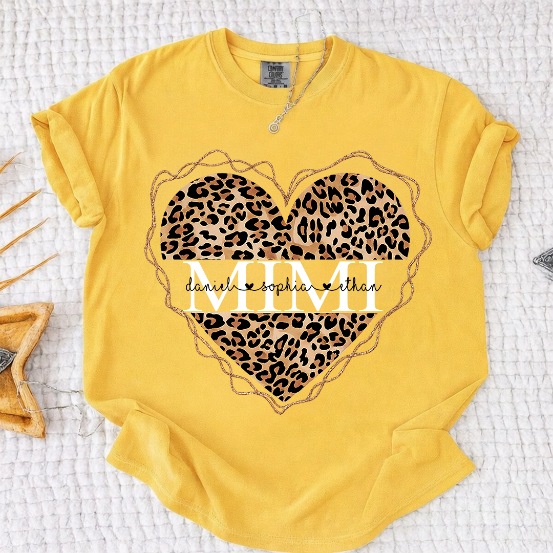 Comfort Colors Personalized Mimi Shirt Leopard Heart Design Custom Grandma Nana Gigi Name Tee with Grandkids Names Trendy Family Outfit for Women