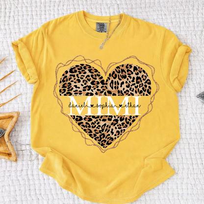 Comfort Colors Personalized Mimi Shirt Leopard Heart Design Custom Grandma Nana Gigi Name Tee with Grandkids Names Trendy Family Outfit for Women