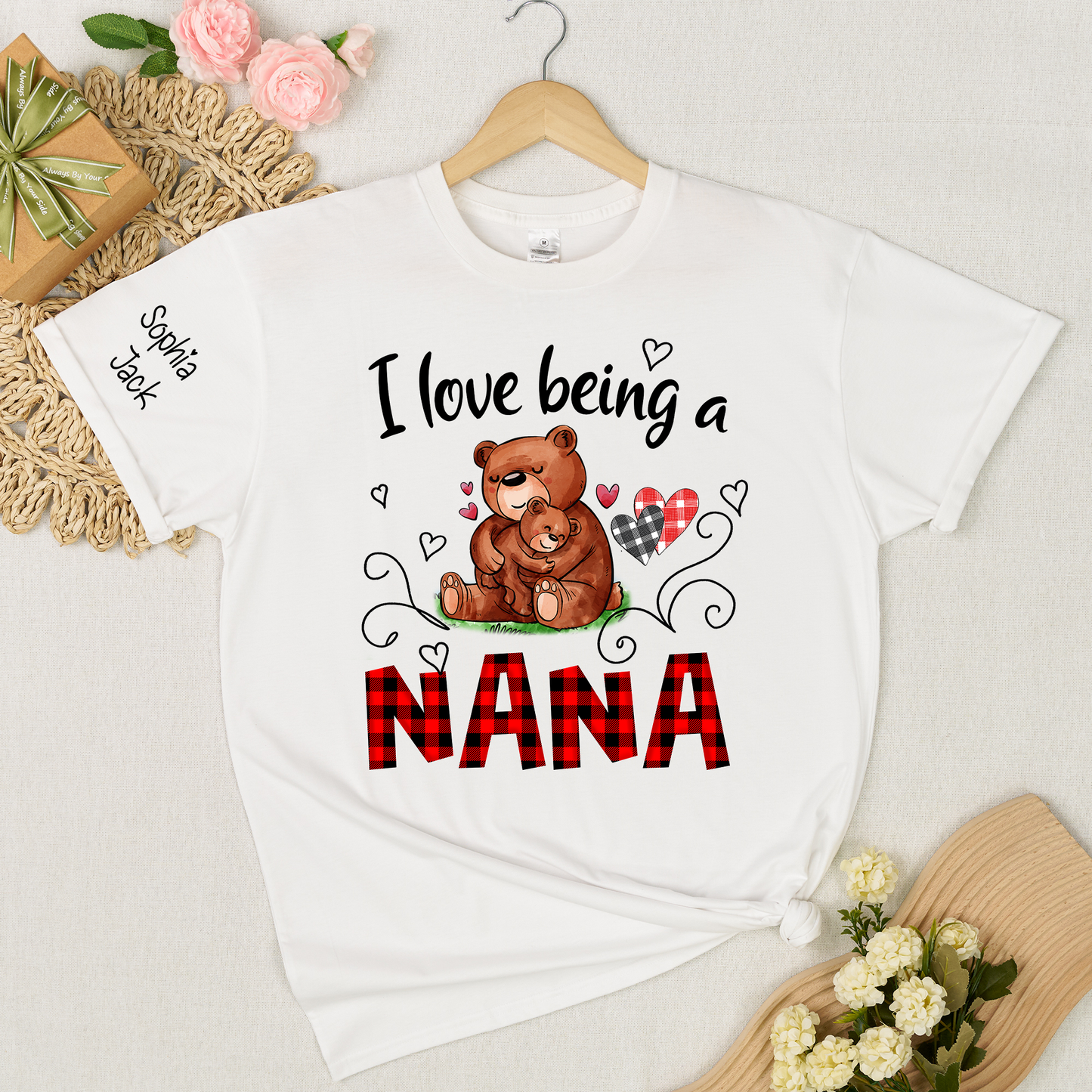 Personalized I Love Being a Nana T-shirt with Custom Names, Cute Bear Graphic, Customizable Gift for Nana