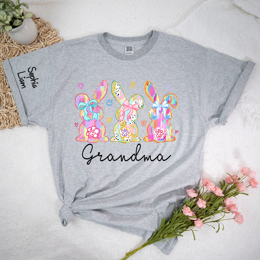 Personalized Grandma Bunny Shirt With Kids Names, Colorful Easter Rabbit Graphic Tee, Custom Family Spring Shirt for Grandma Mimi Nana Gigi