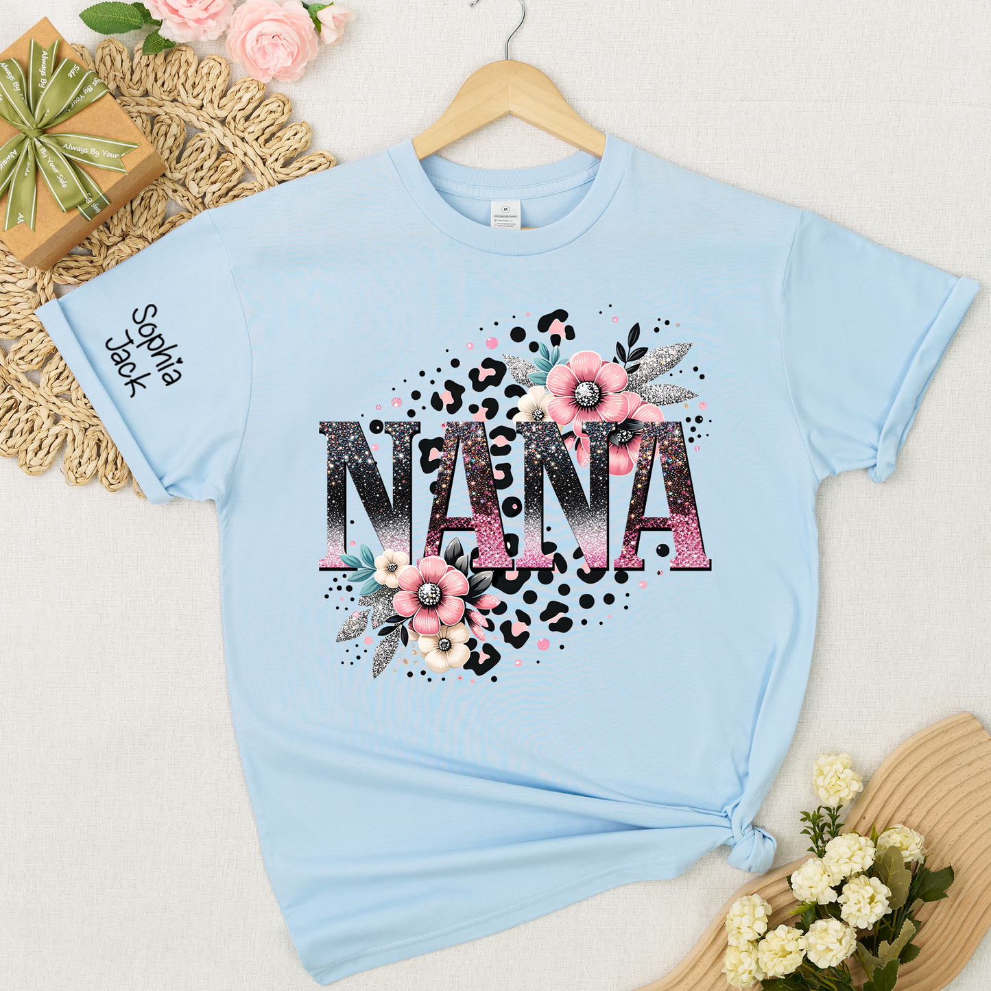 Personalized Floral Leopard Print Shirt for Nana, Mimi, Gigi, Grandma – Custom Name Gift