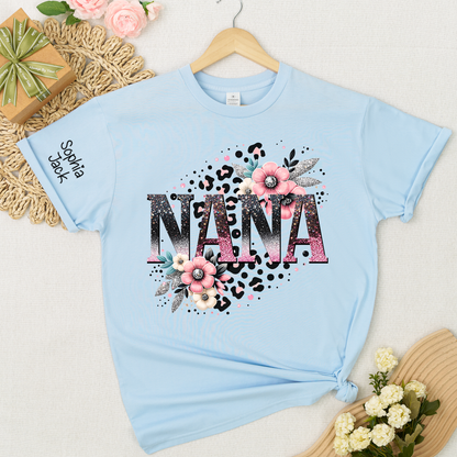 Personalized Floral Leopard Print Shirt for Nana, Mimi, Gigi, Grandma – Custom Name Gift