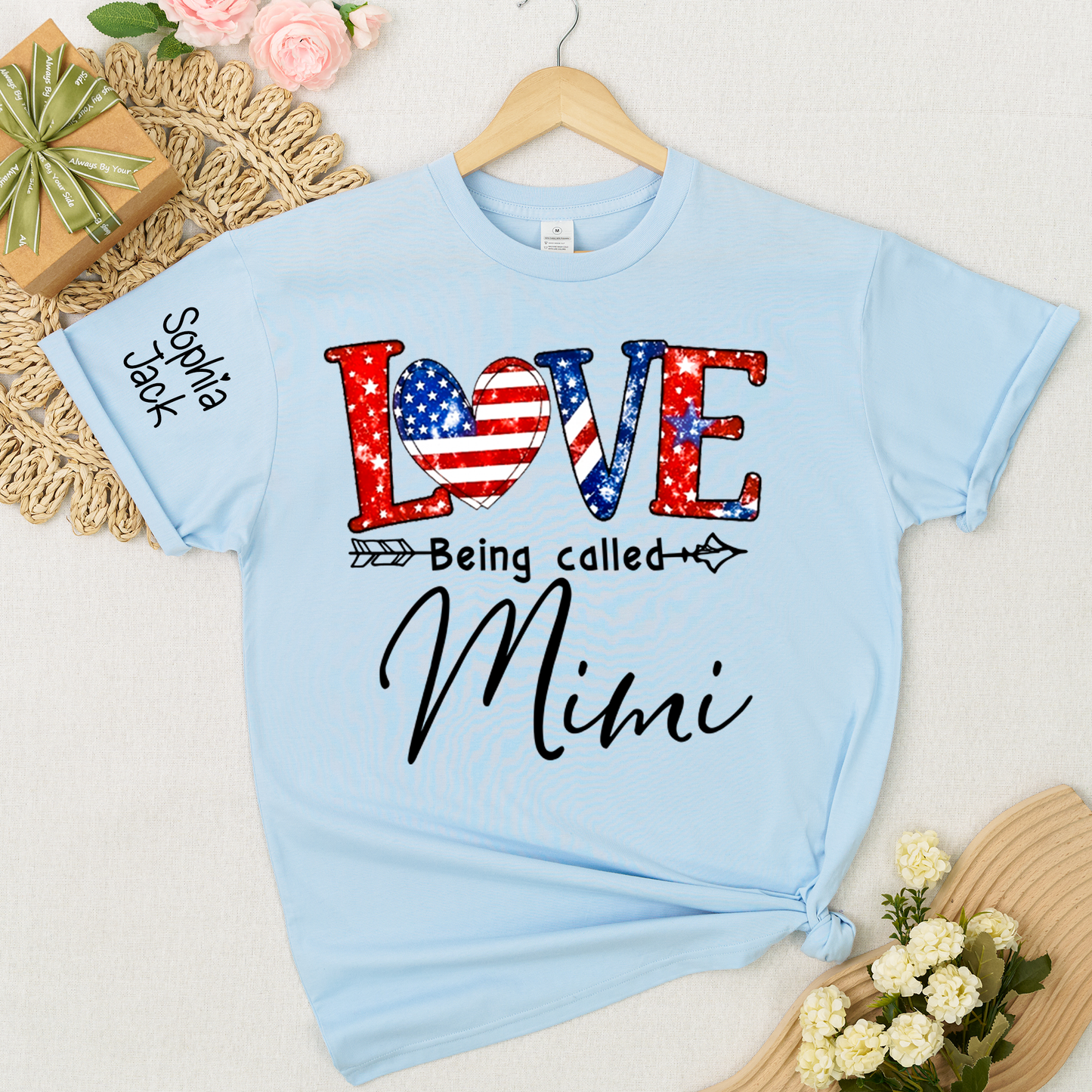 Personalized LOVE Shirt - Custom Nickname with American Flag Heart for Nana, Mimi, Grandma, Gigi - Casual Family Tee