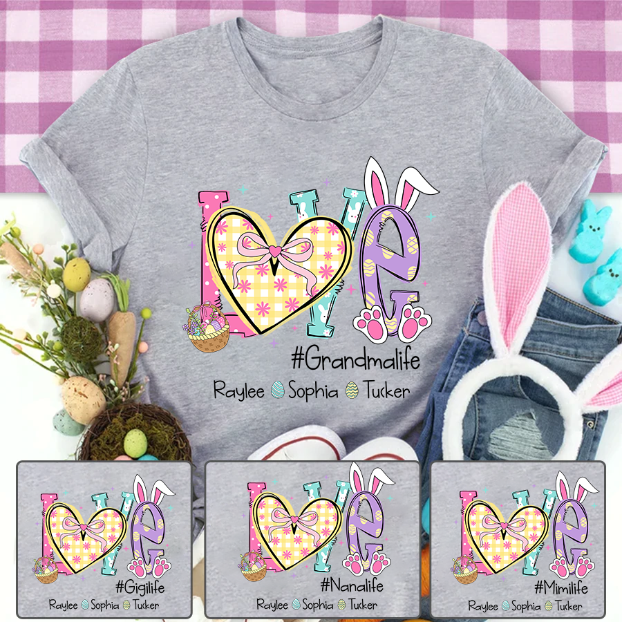 Grandma Easter Shirt - LOVE Bunny Ears Graphic Tee - Personalized Grandkids Names - #Grandmalife Gift - Cute Spring Pink T-Shirt