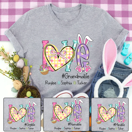 Grandma Easter Shirt - LOVE Bunny Ears Graphic Tee - Personalized Grandkids Names - #Grandmalife Gift - Cute Spring Pink T-Shirt