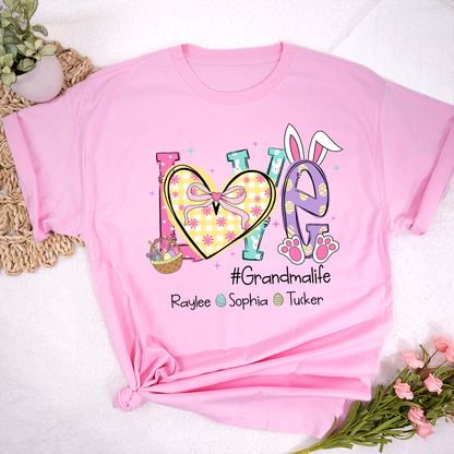Grandma Easter Shirt - LOVE Bunny Ears Graphic Tee - Personalized Grandkids Names - #Grandmalife Gift - Cute Spring Pink T-Shirt