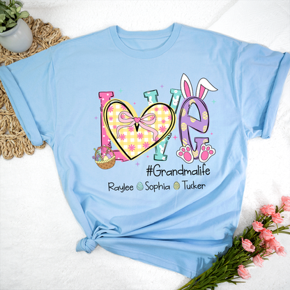 Grandma Easter Shirt - LOVE Bunny Ears Graphic Tee - Personalized Grandkids Names - #Grandmalife Gift - Cute Spring Pink T-Shirt
