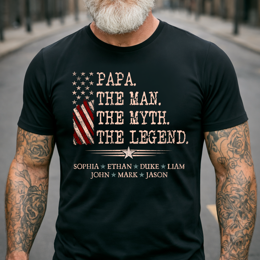 Papa The Man The Myth The Legend Shirt, Personalized Papa T-Shirt with Kids Names Patriotic American Flag Design