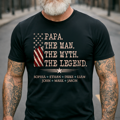 Papa The Man The Myth The Legend Shirt, Personalized Papa T-Shirt with Kids Names Patriotic American Flag Design