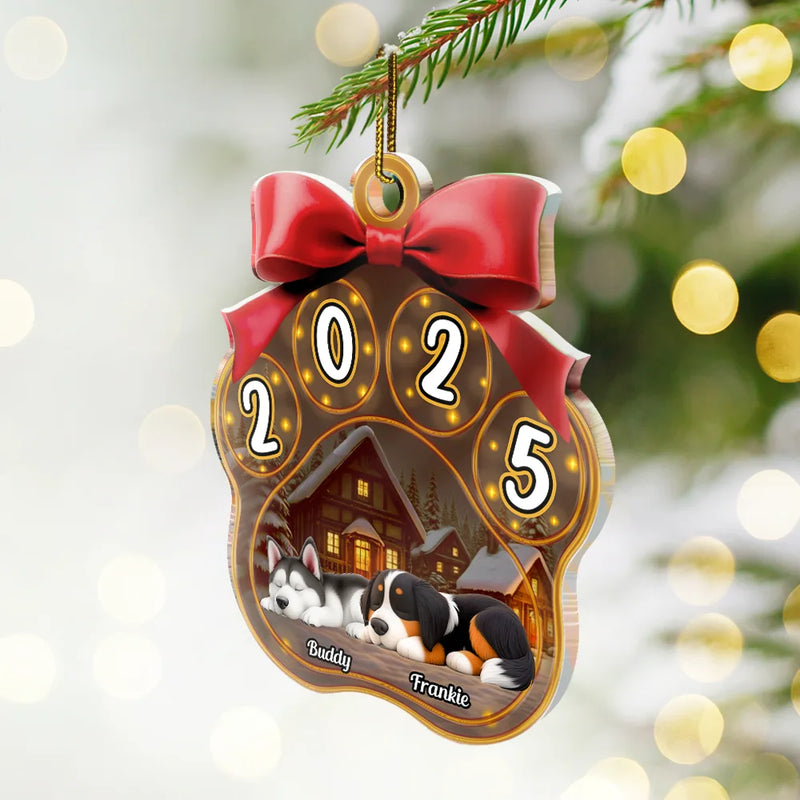Custom Acrylic Dog Ornament – Sleeping Dogs on Pawprint Shape, Personalized Christmas Pet Gift Ornament
