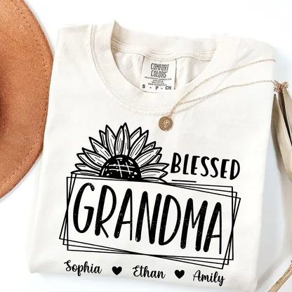 Comfort Colors Blessed Grandma Sunflower Tee with Personalized Names - Gift for Grandma, Mother's Day or Birthday Shirt