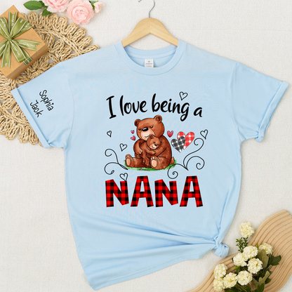 Personalized I Love Being a Nana T-shirt with Custom Names, Cute Bear Graphic, Customizable Gift for Nana