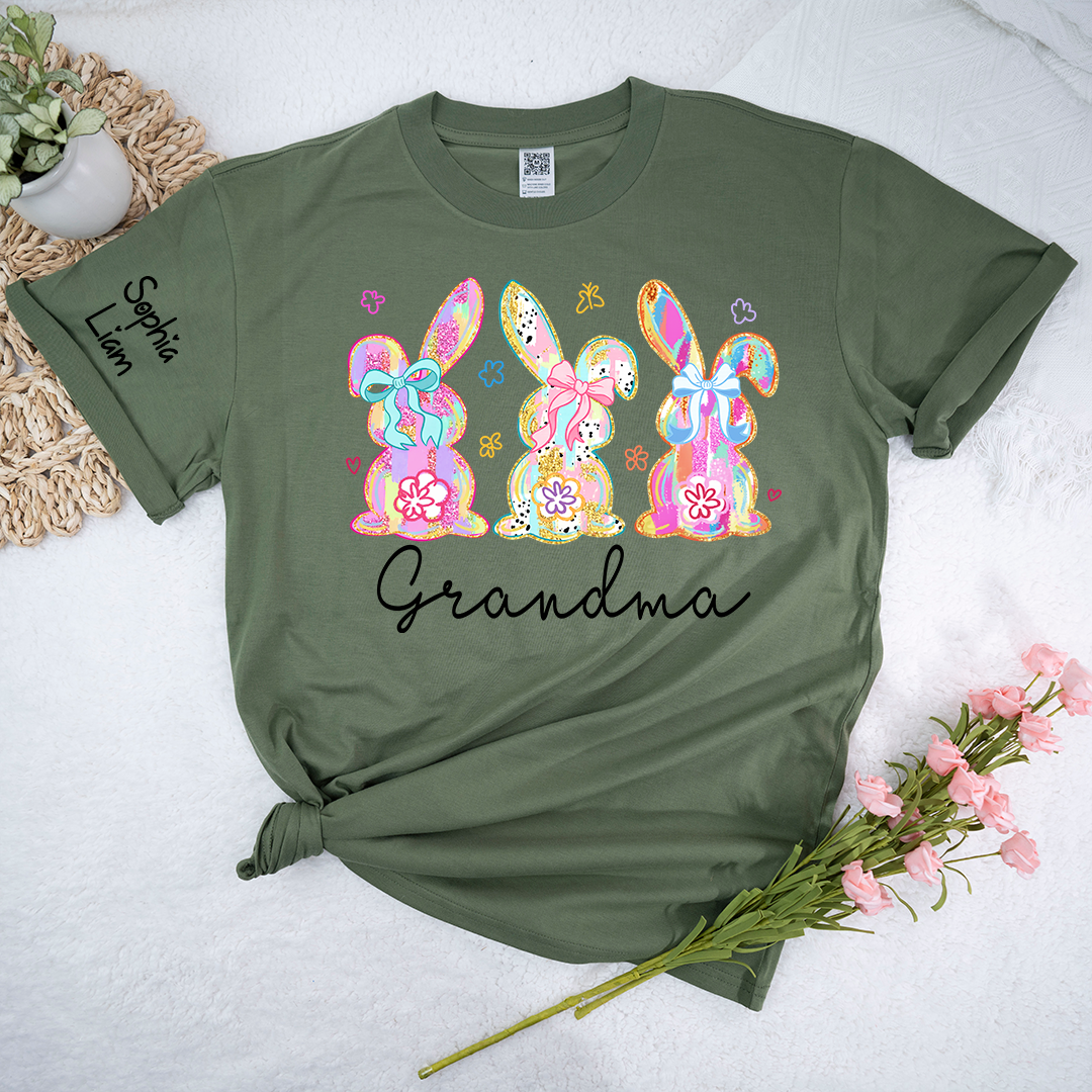 Personalized Grandma Bunny Shirt With Kids Names, Colorful Easter Rabbit Graphic Tee, Custom Family Spring Shirt for Grandma Mimi Nana Gigi