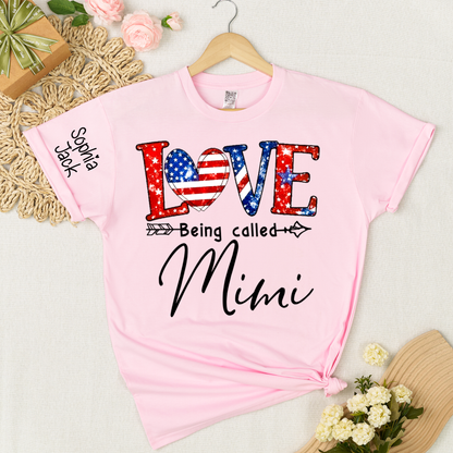 Personalized LOVE Shirt - Custom Nickname with American Flag Heart for Nana, Mimi, Grandma, Gigi - Casual Family Tee